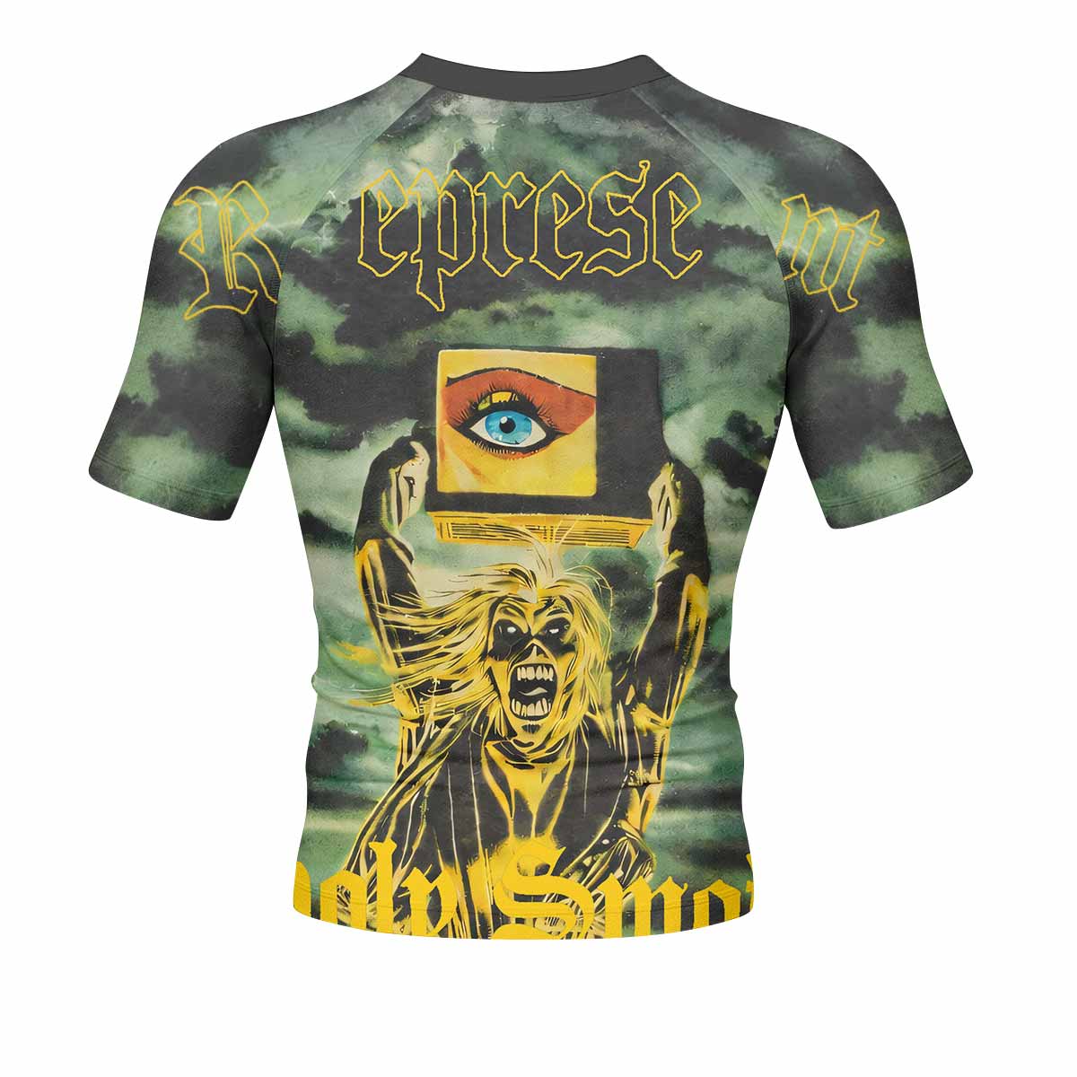 Iron Maiden Holy Smoke Men's Rash Guard Short Sleeve - back view mockup