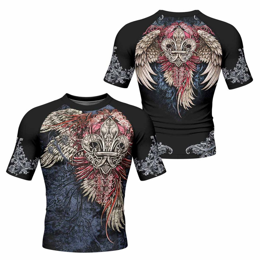 Metallic Embossed Angel Men's Rash Guard Short Sleeve - front and back view