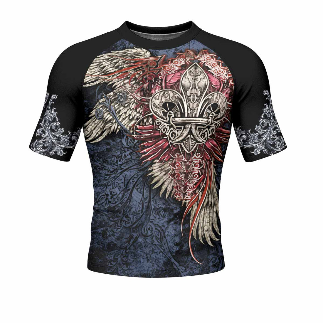 Metallic Embossed Angel Men's Rash Guard Short Sleeve - front and back view