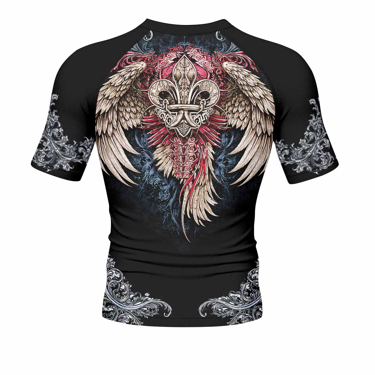 Metallic Embossed Angel Men's Rash Guard Short Sleeve - back view mockup