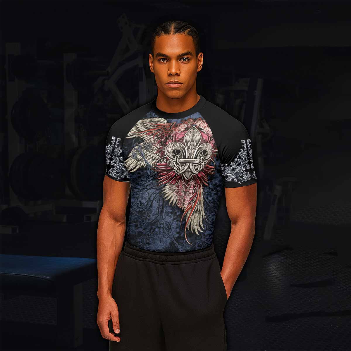 Metallic Embossed Angel Men's Rash Guard Short Sleeve - lifestyle view