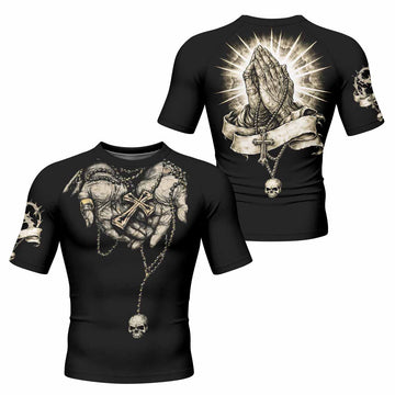 Praying Hands Skull Men's Rash Guard Short Sleeve - front and back view