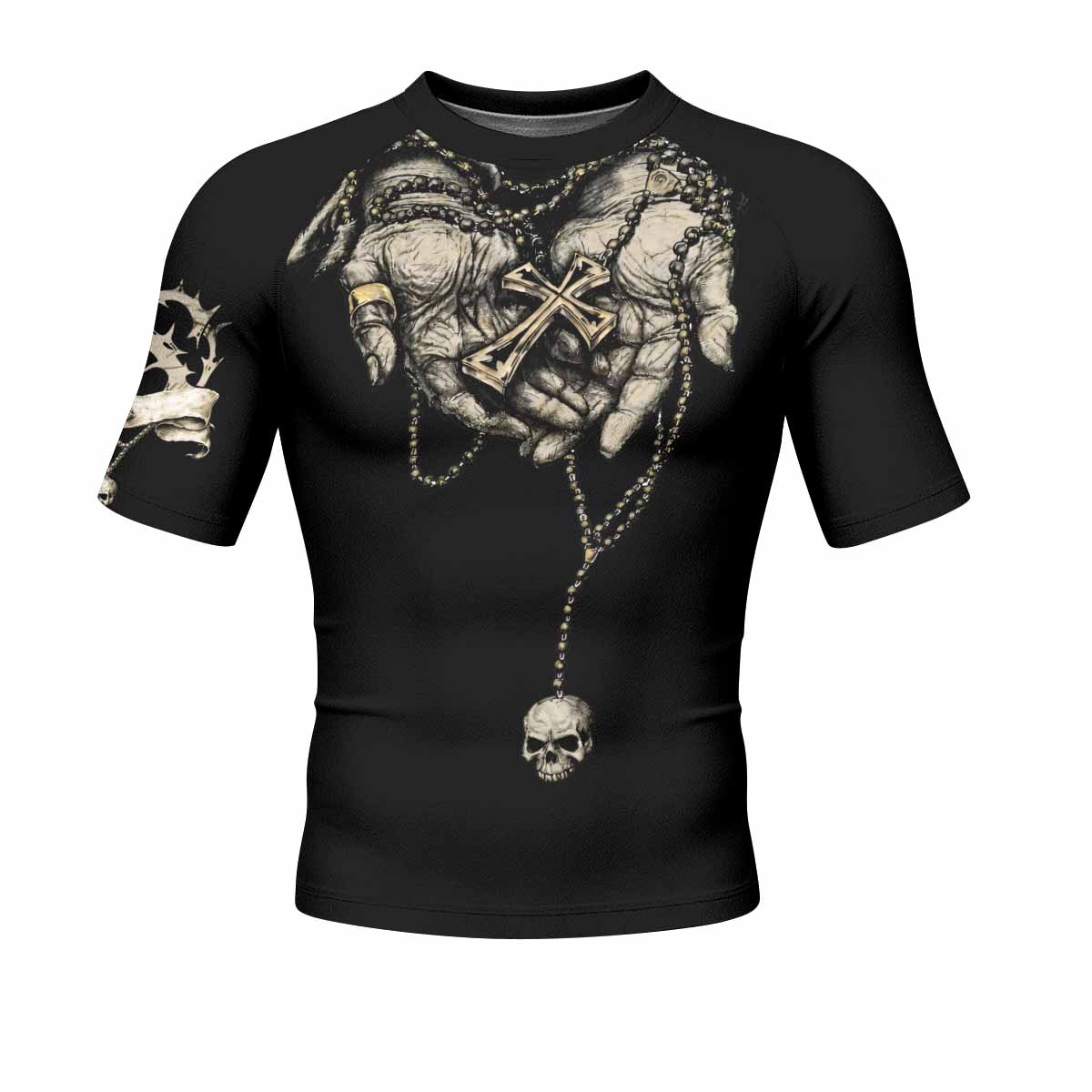 Praying Hands Skull Men's Rash Guard Short Sleeve - front view mockup