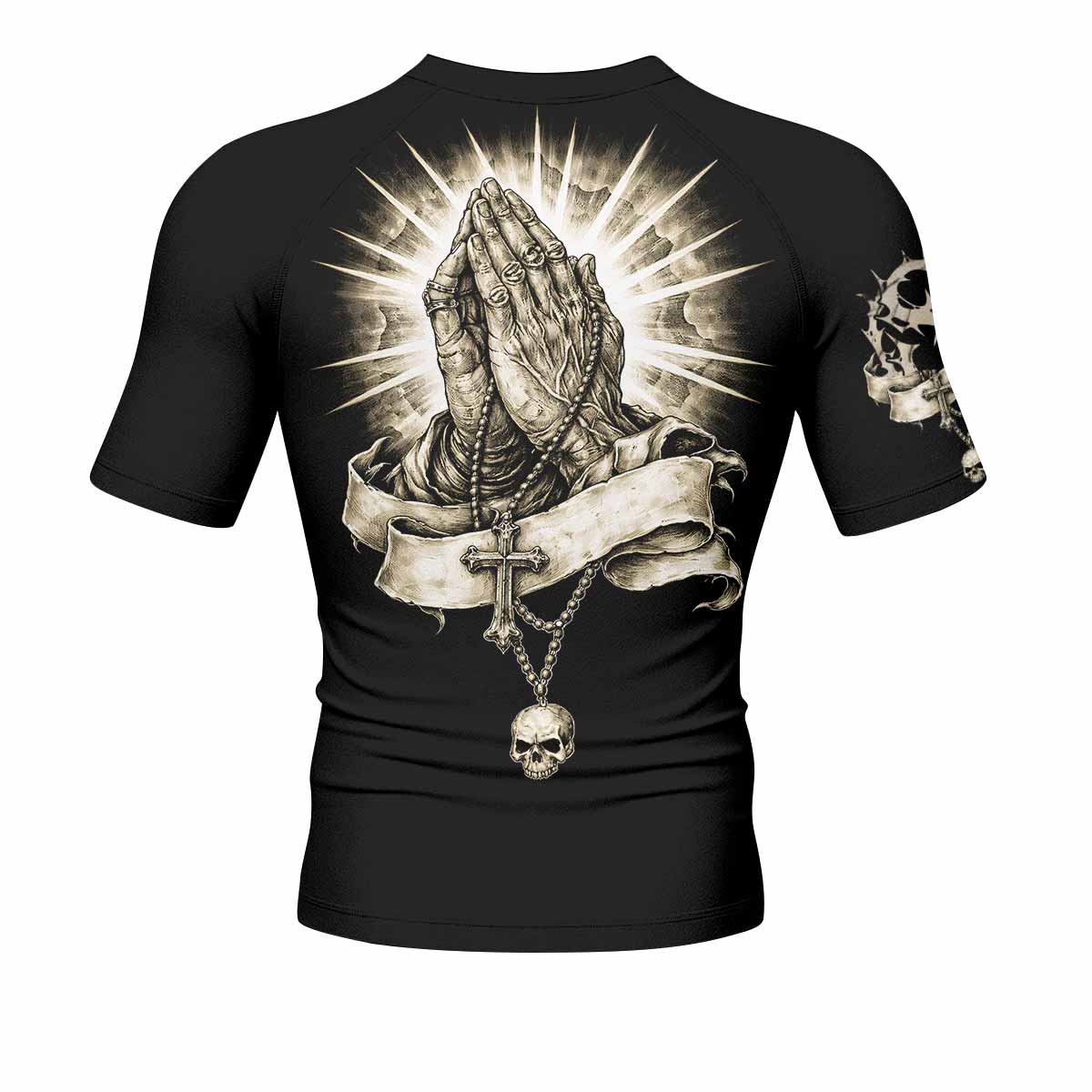 Praying Hands Skull Men's Rash Guard Short Sleeve - back view mockup