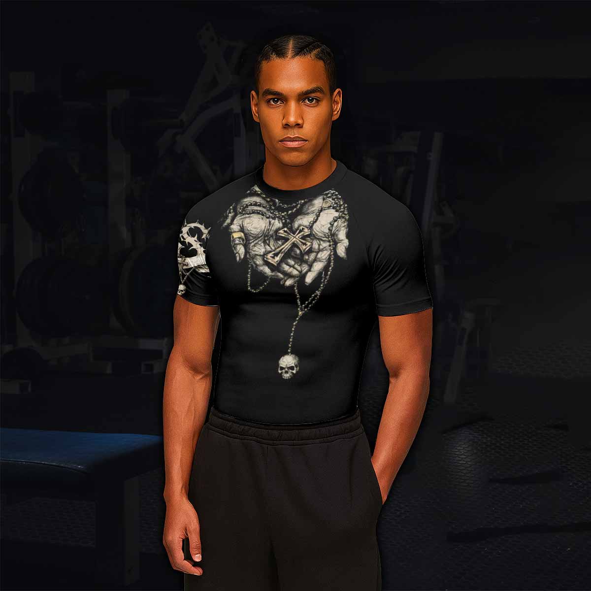 Praying Hands Skull Men's Rash Guard Short Sleeve - lifestyle view