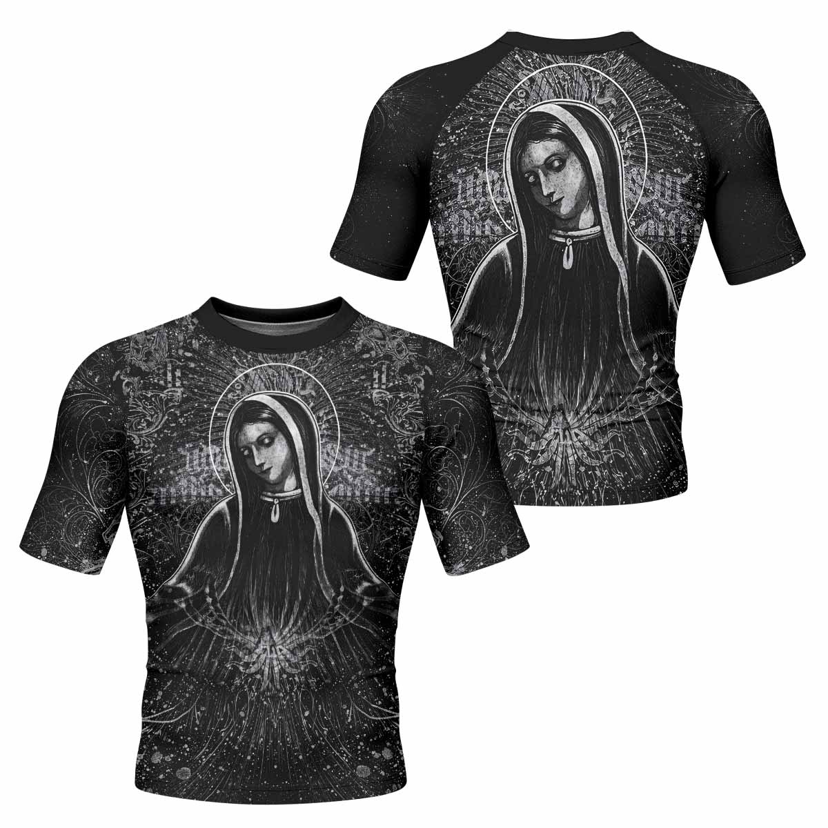Virgin Mary Men's Rash Guard Short Sleeve - front and back view