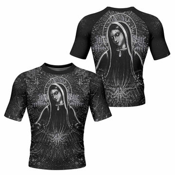 Virgin Mary Men's Rash Guard Short Sleeve - front and back view