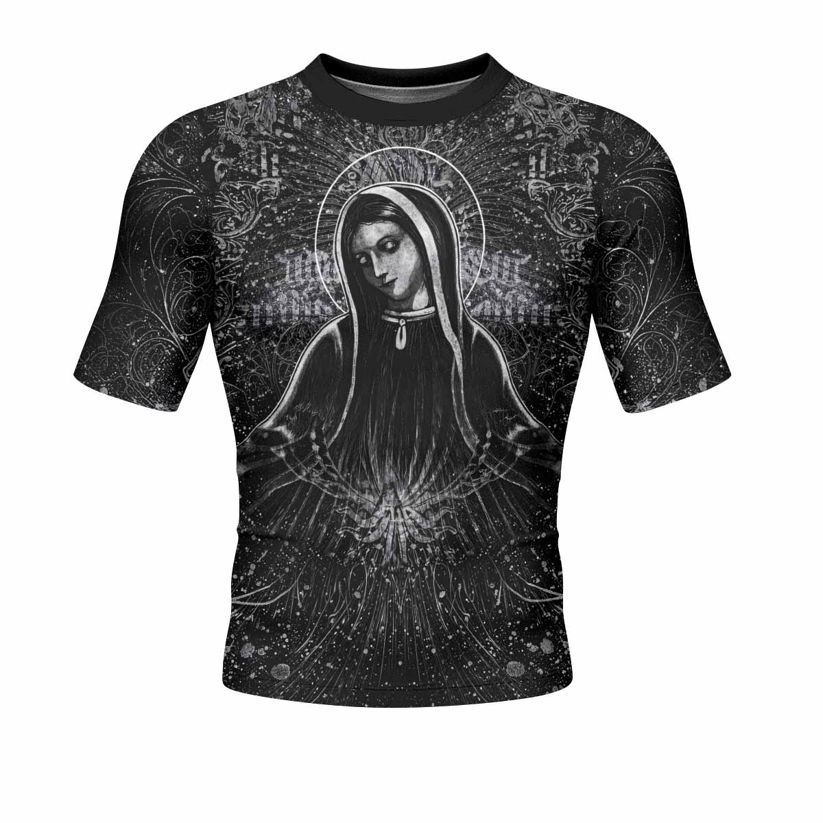 Virgin Mary Men's Rash Guard Short Sleeve - front view mockup