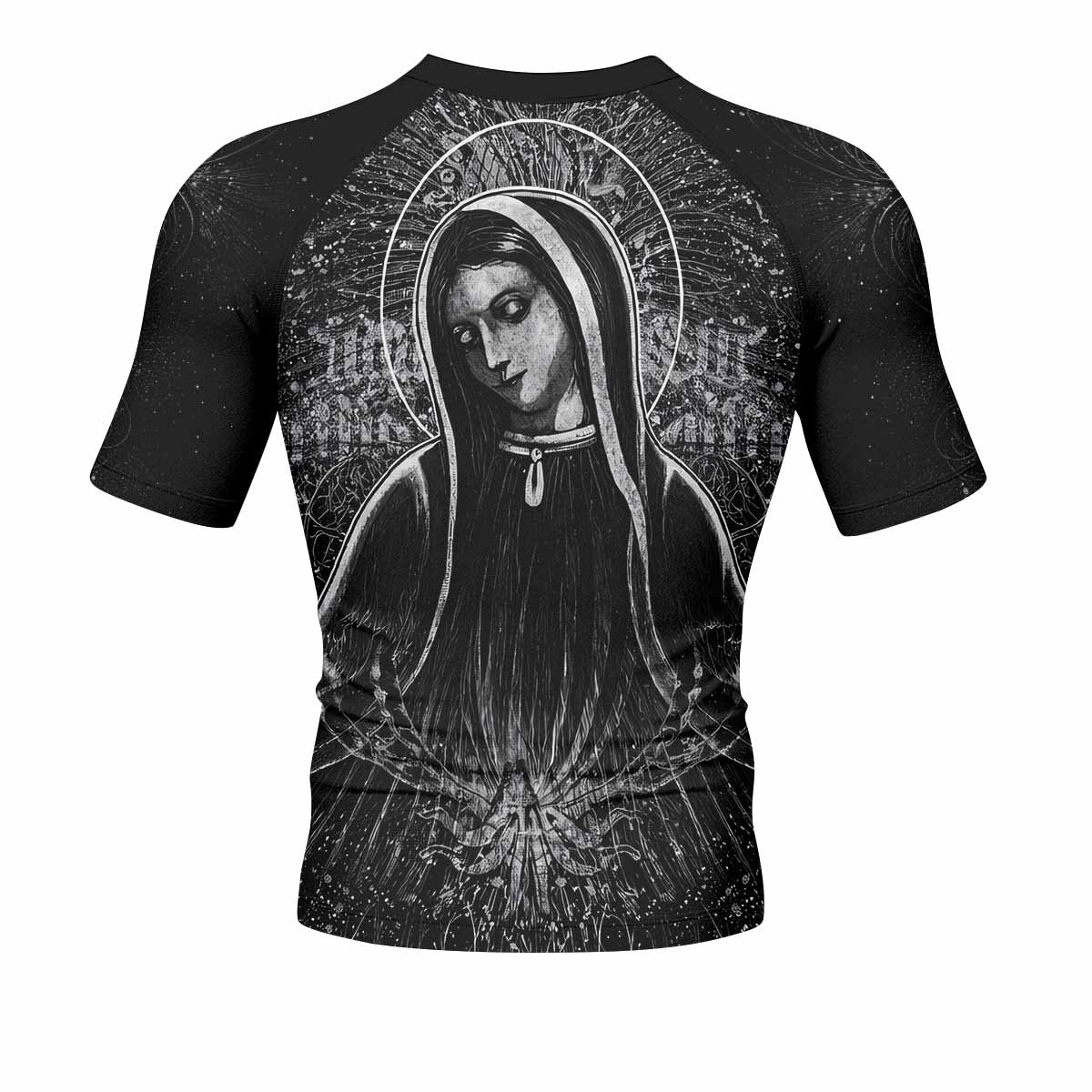 Virgin Mary Men's Rash Guard Short Sleeve - back view mockup