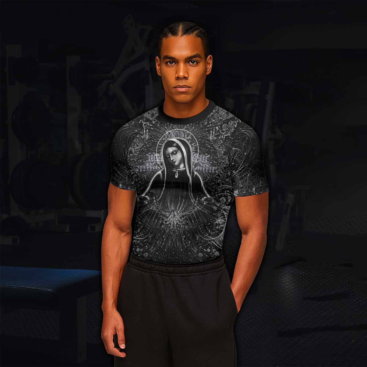 Virgin Mary Men's Rash Guard Short Sleeve - lifestyle view