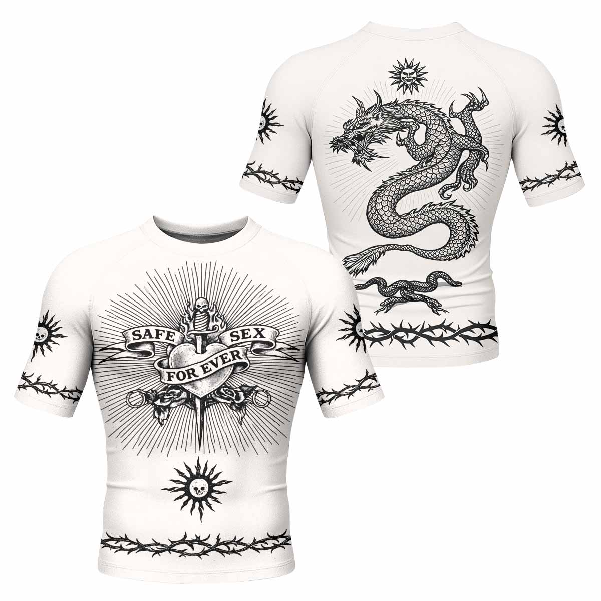 Dragon Tattoo Men's Rash Guard Short Sleeve - front and back view