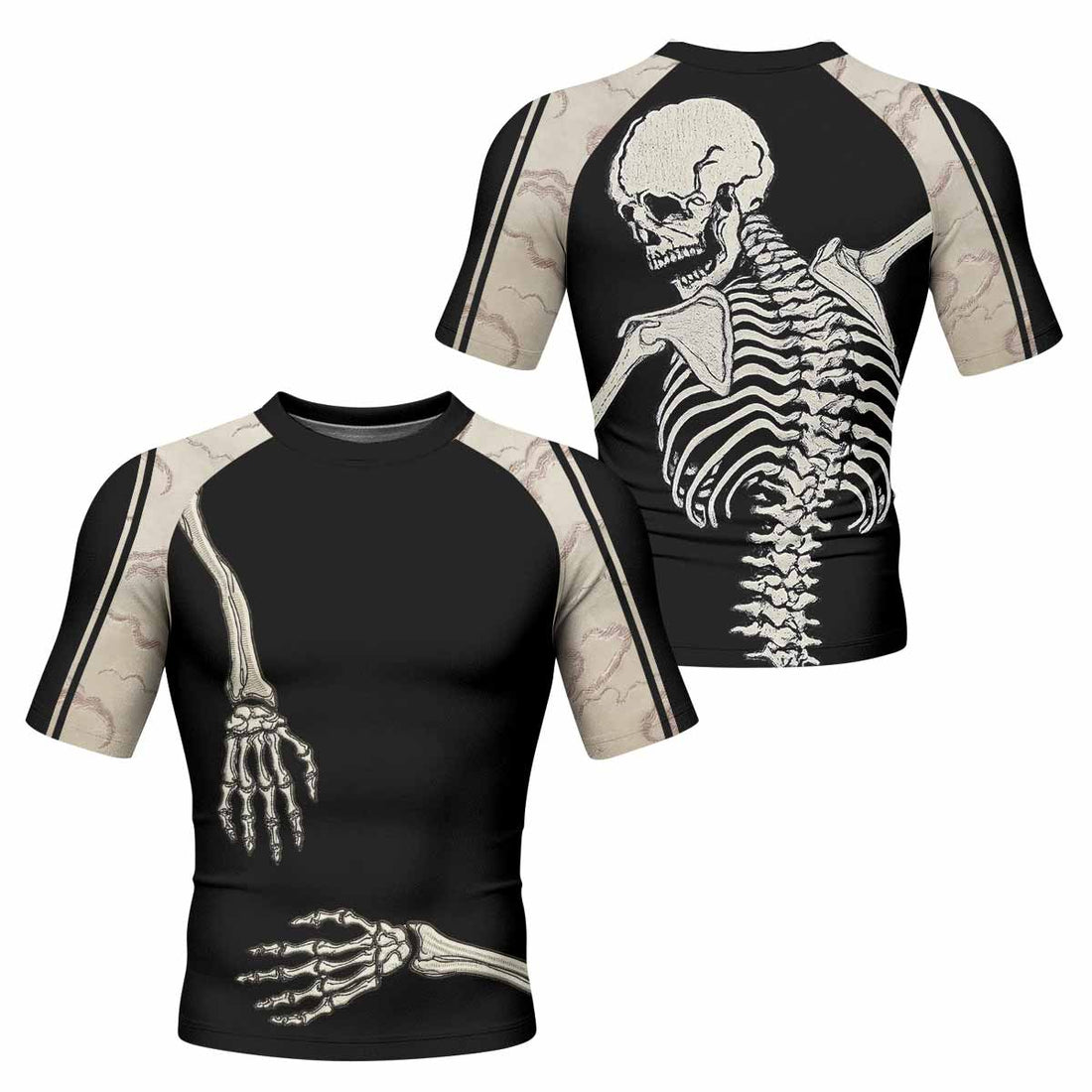 Bare Bones Skeleton Men's Rash Guard Short Sleeve - front and back view