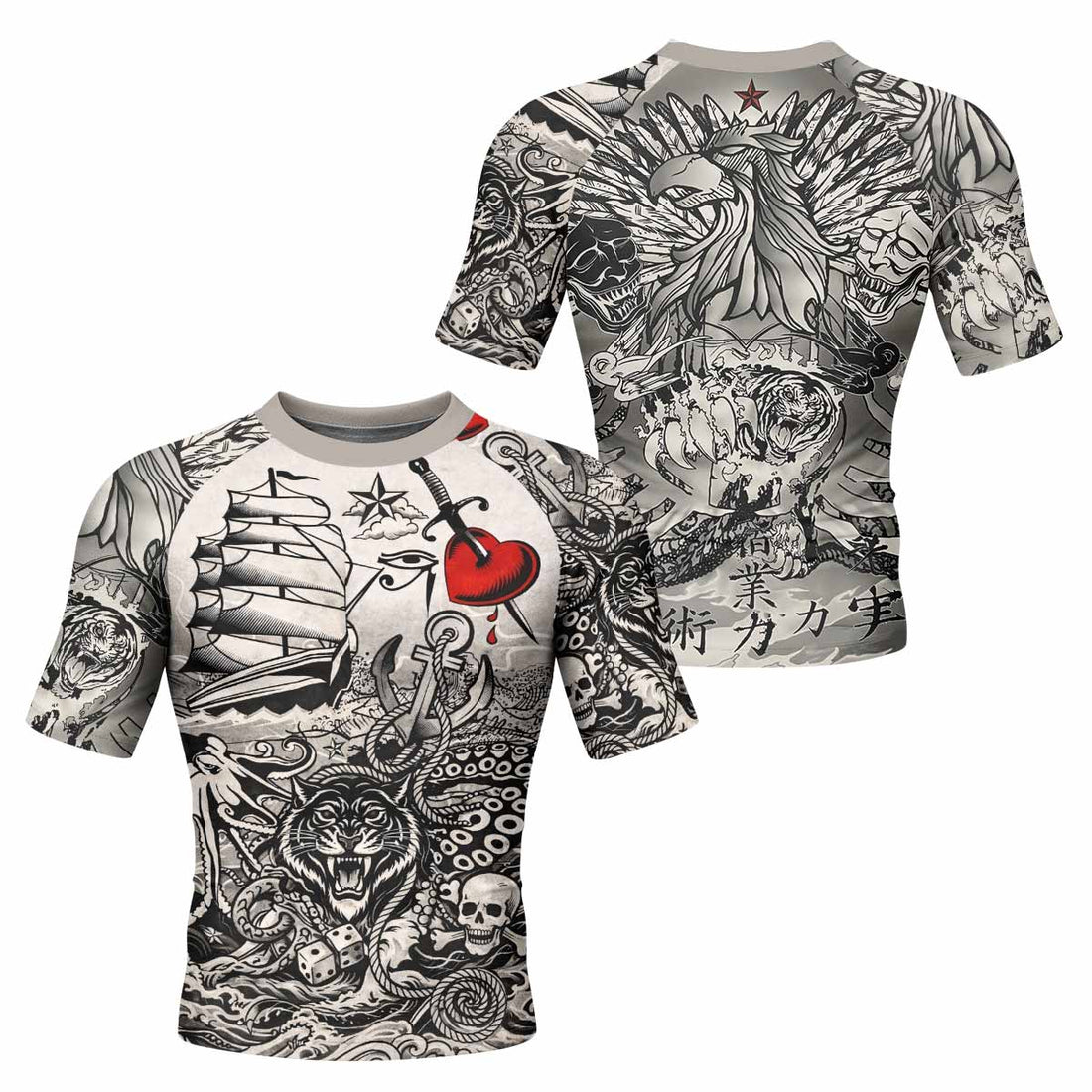 Savage Ocean Irezumi Men's Rash Guard Short Sleeve - front and back view