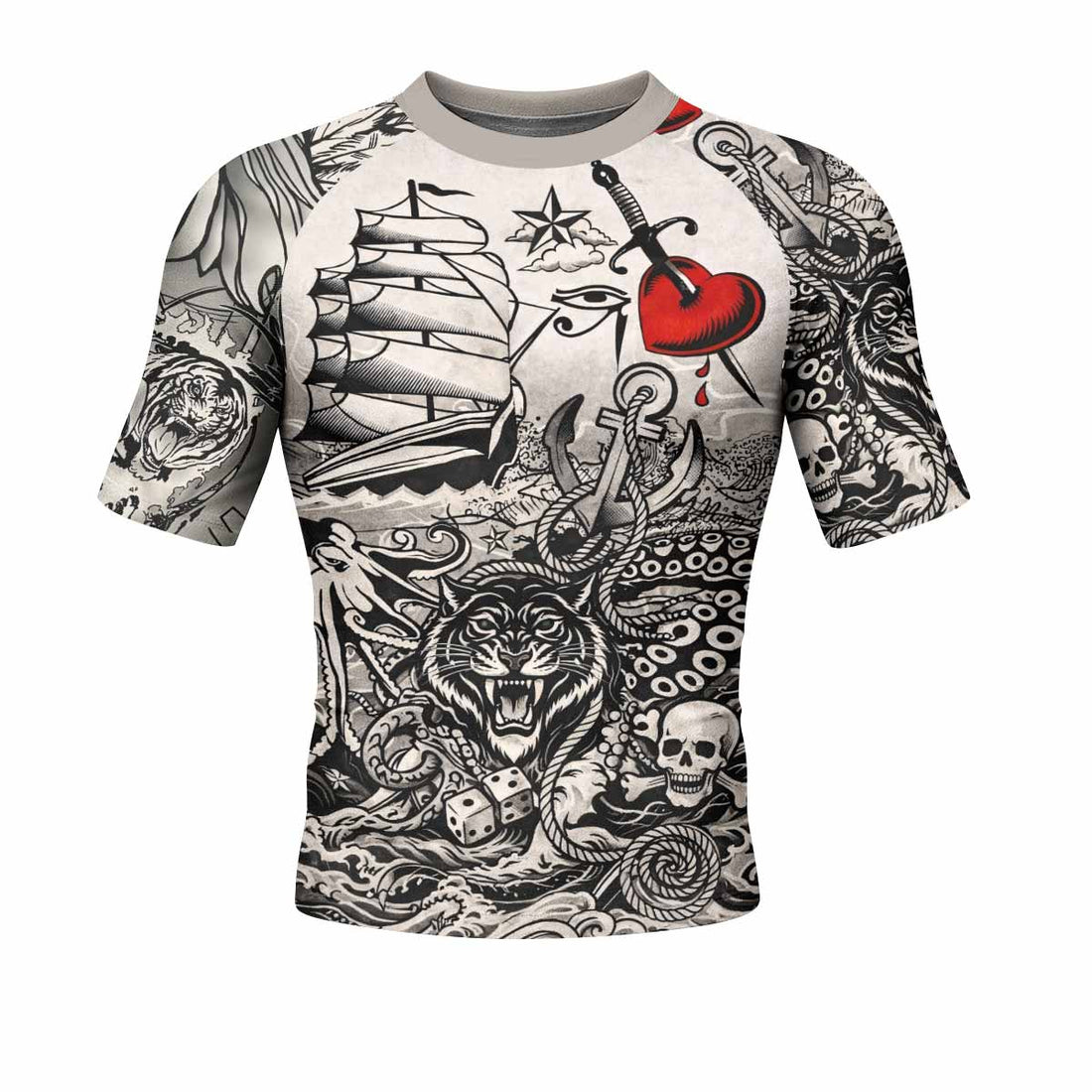 Savage Ocean Irezumi Men's Rash Guard Short Sleeve - front and back view