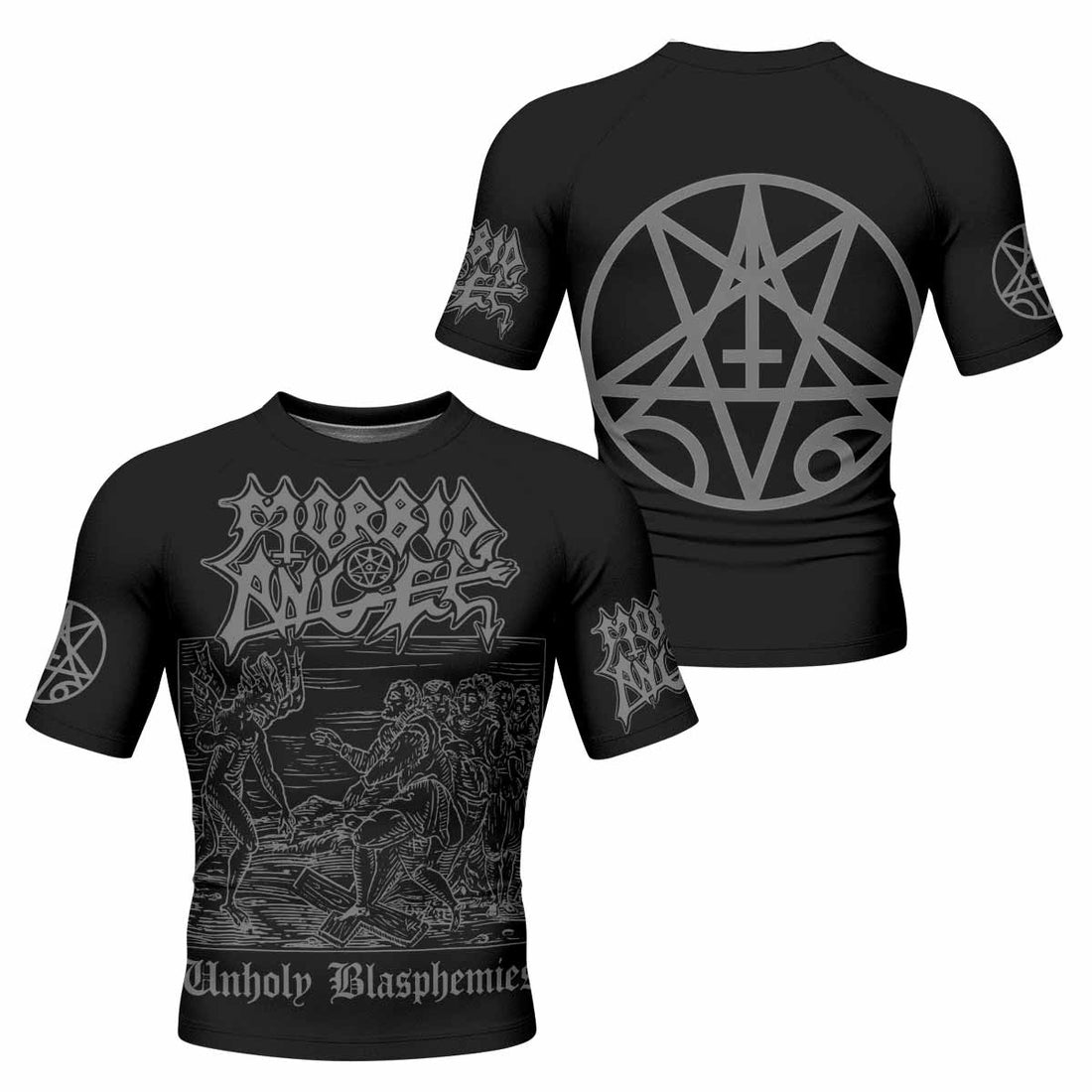 Morbid Angel Unholy Blasphemies Men's Rash Guard Short Sleeve - front and back view