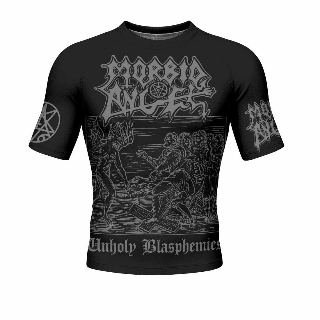 Morbid Angel Unholy Blasphemies Men's Rash Guard Short Sleeve - front and back view