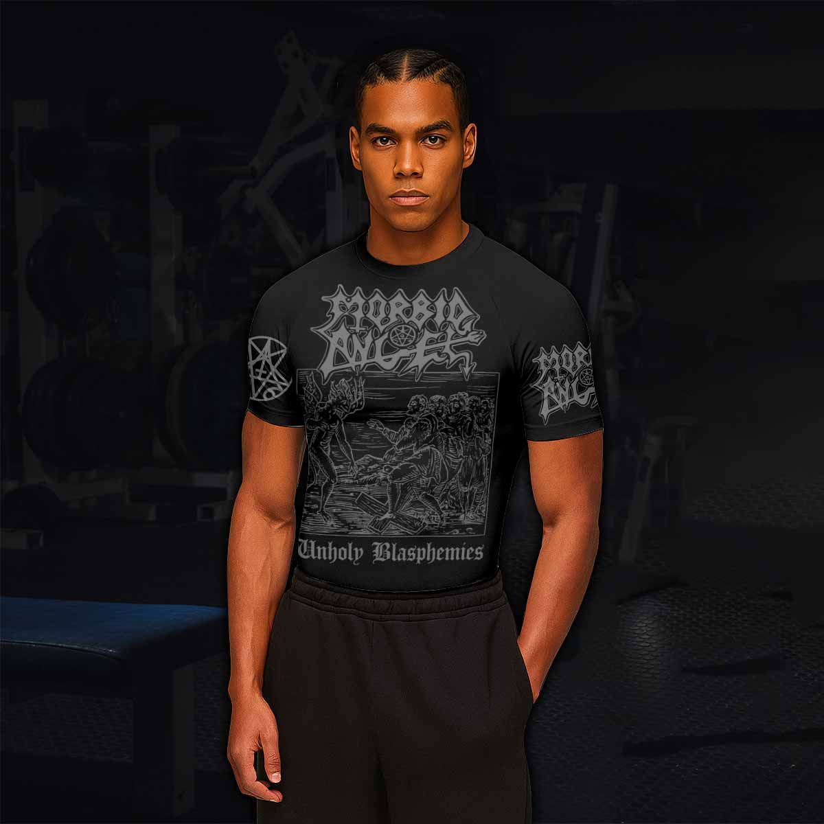 Morbid Angel Unholy Blasphemies Men's Rash Guard Short Sleeve - lifestyle view