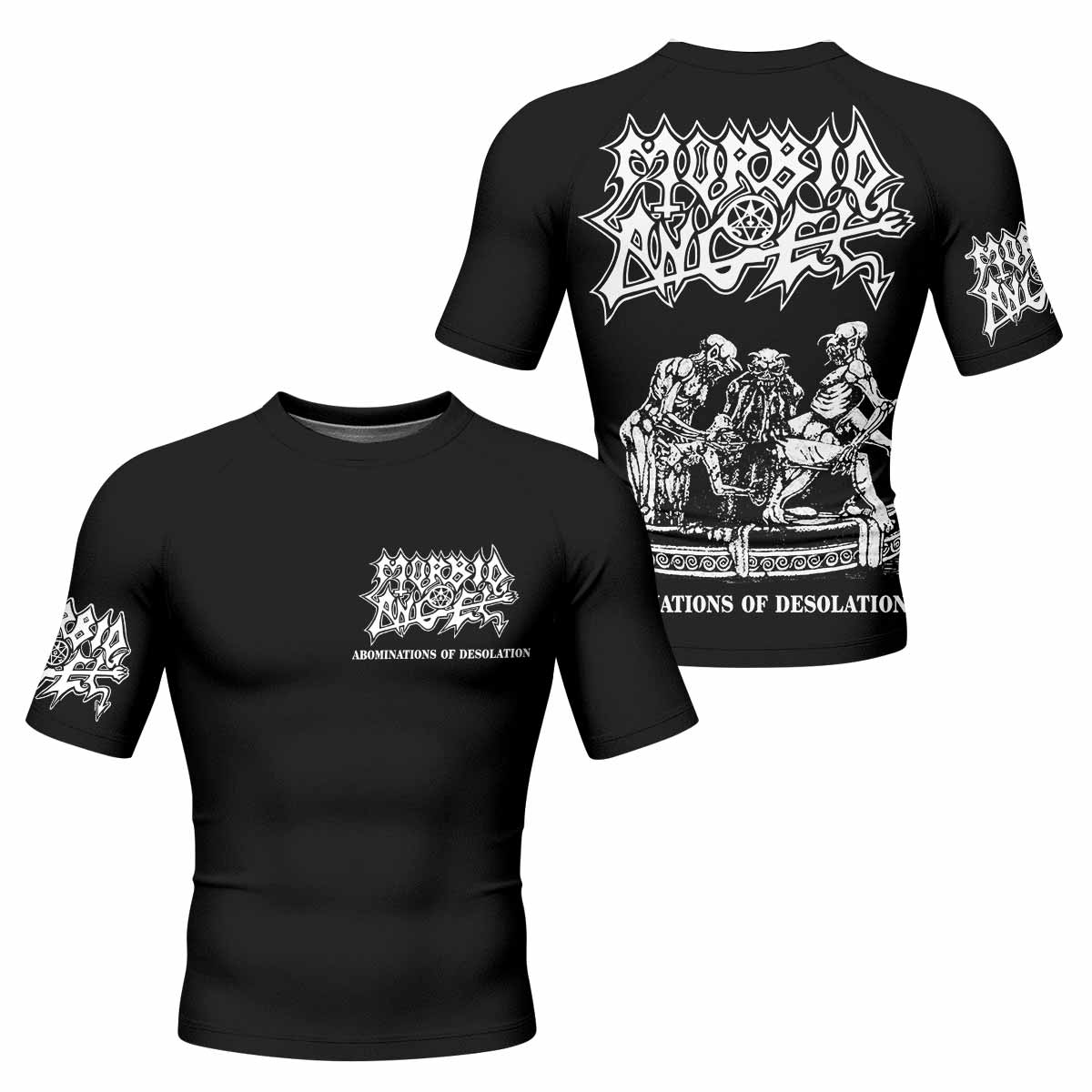 Morbid Angel Abominations of Desolation Men's Rash Guard Short Sleeve - front and back view