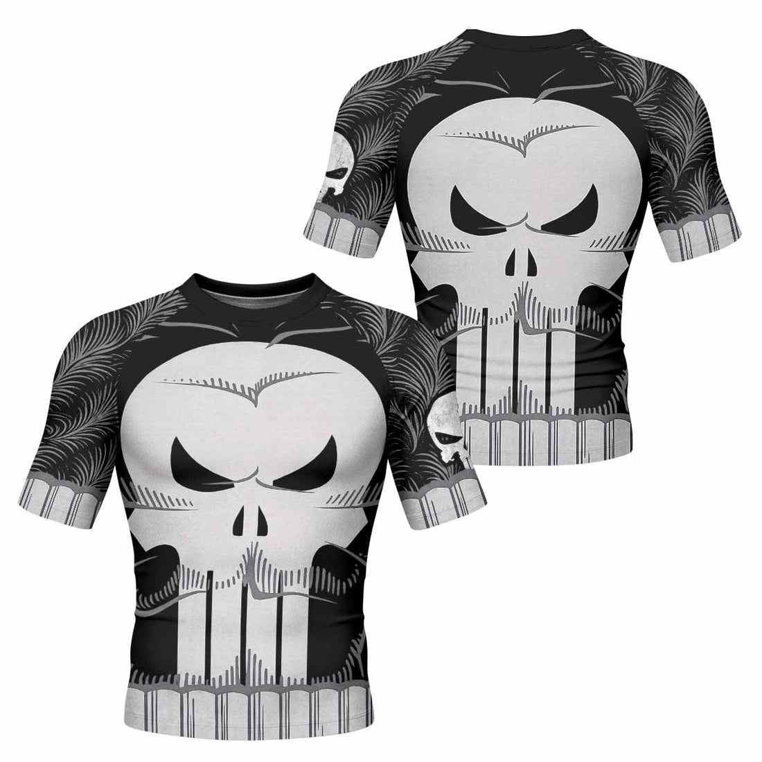 Punisher Skull Tactical Men's Rash Guard Short Sleeve - front and back view
