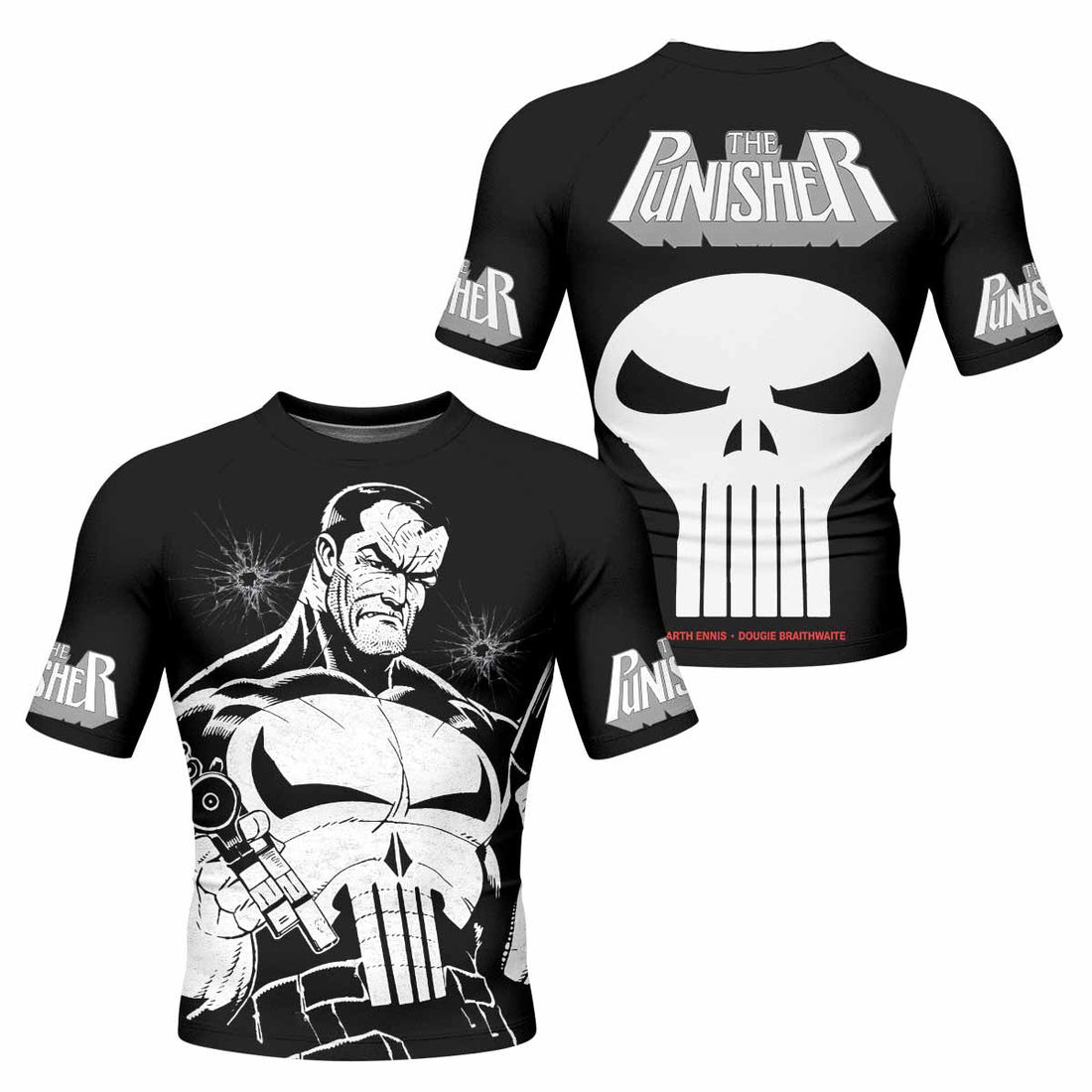 The Punisher Comic Frank Castle Men's Rash Guard Short Sleeve - front and back view