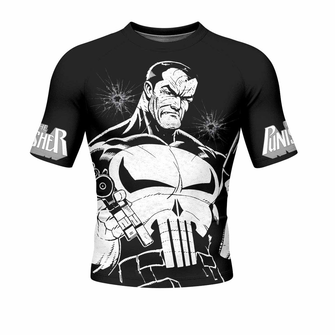 The Punisher Comic Frank Castle Men's Rash Guard Short Sleeve - front and back view