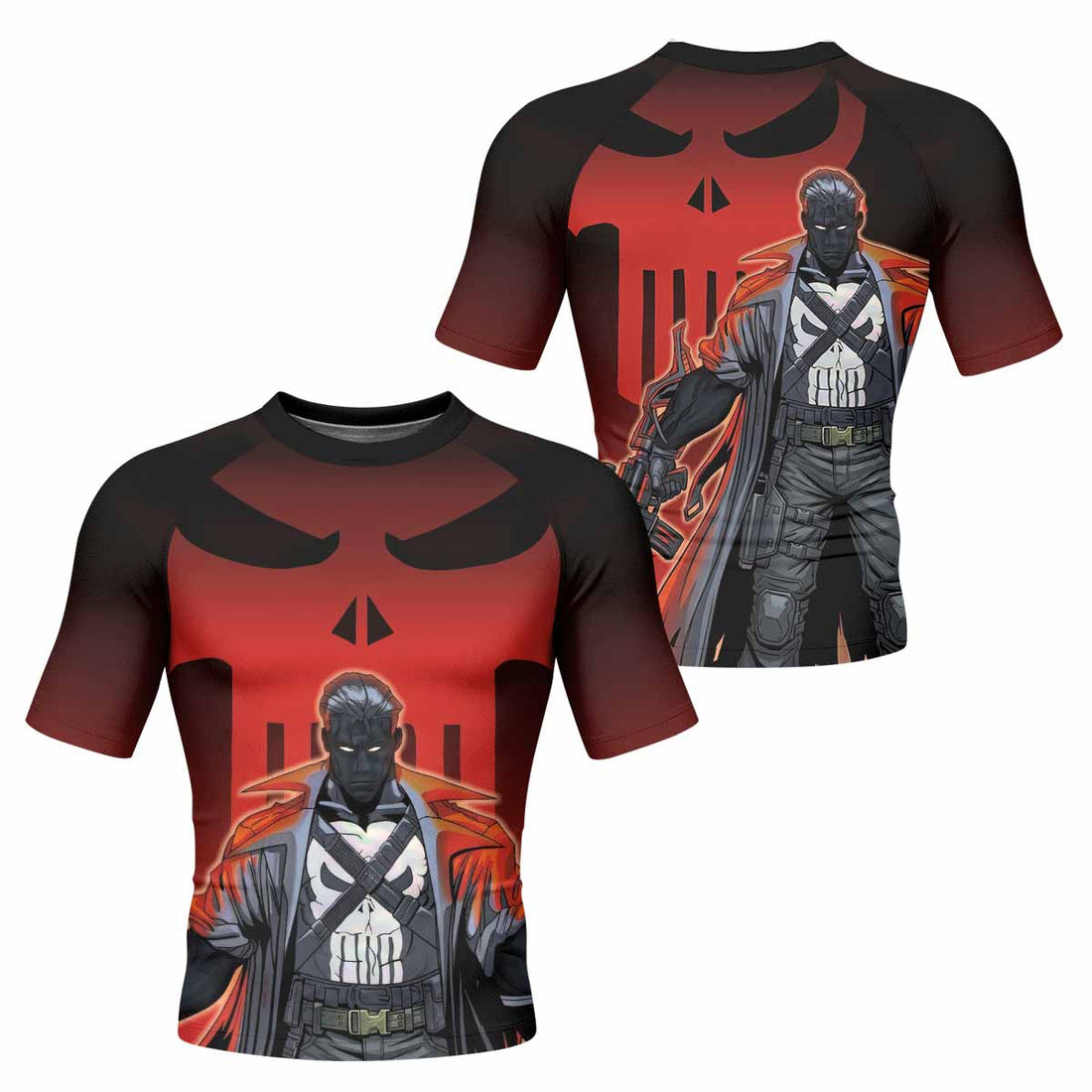 The Punisher Red Frank Castle Men's Rash Guard Short Sleeve - front and back view