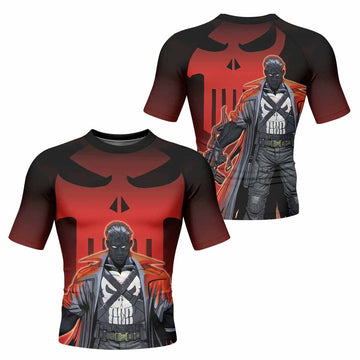 The Punisher Red Frank Castle Men's Rash Guard Short Sleeve - front and back view