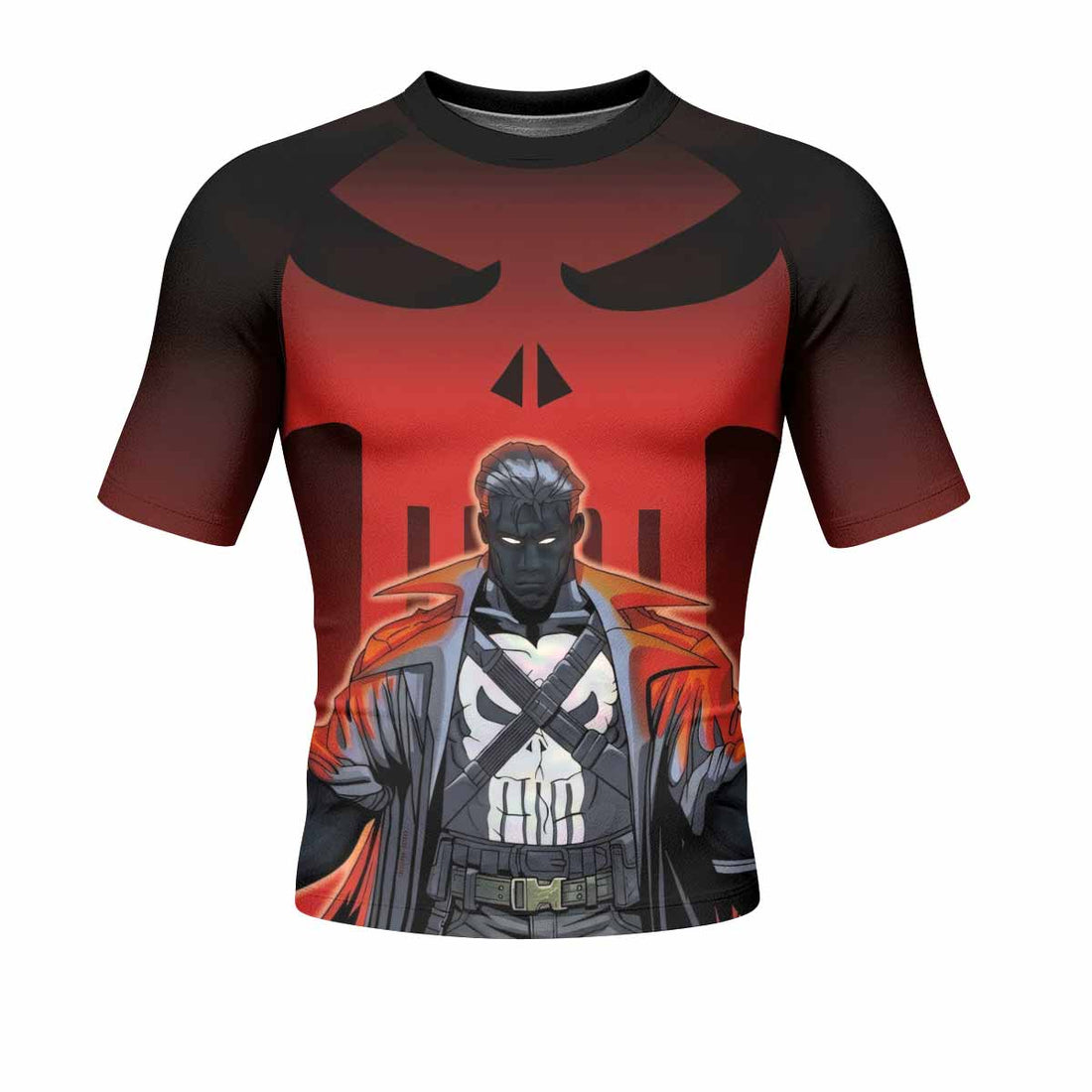 The Punisher Red Frank Castle Men's Rash Guard Short Sleeve - front and back view