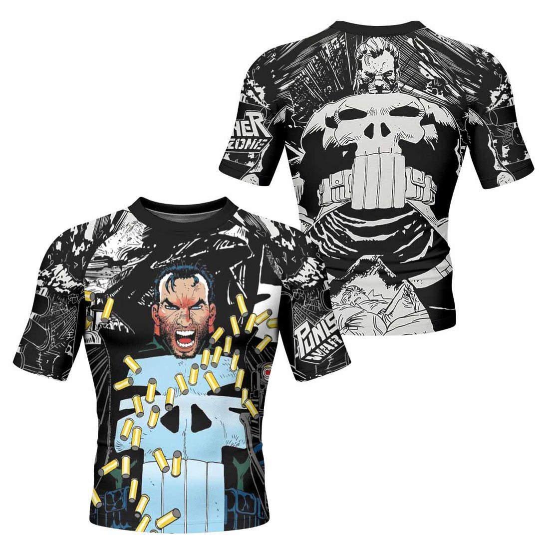 Punisher Bullet Storm Frank Castle Men's Rash Guard Short Sleeve - front and back view