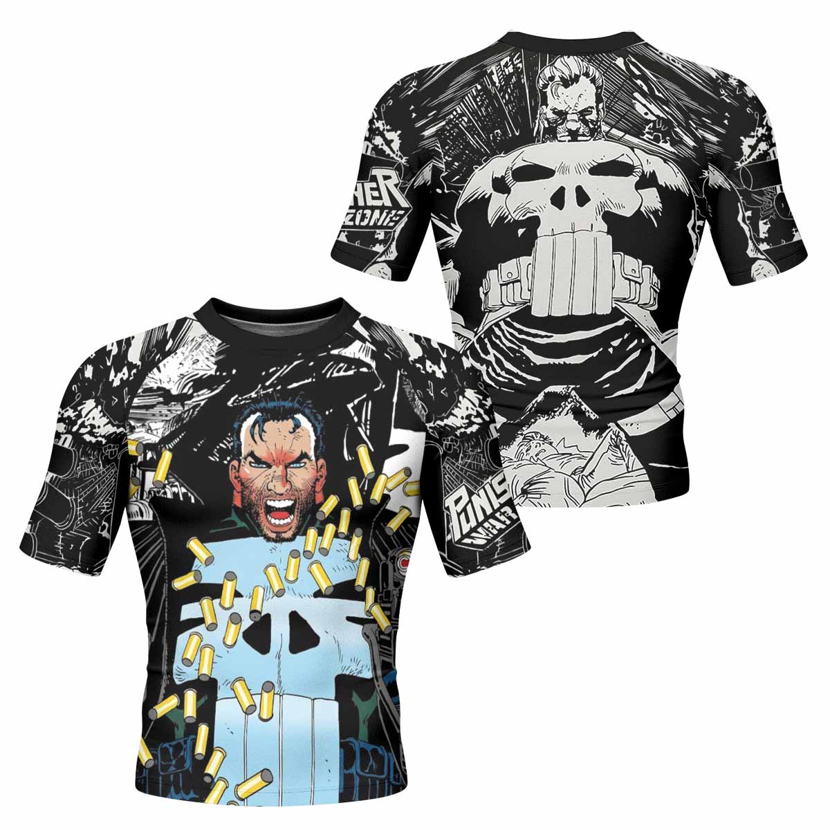 Punisher Bullet Storm Frank Castle Men's Rash Guard Short Sleeve - front and back view