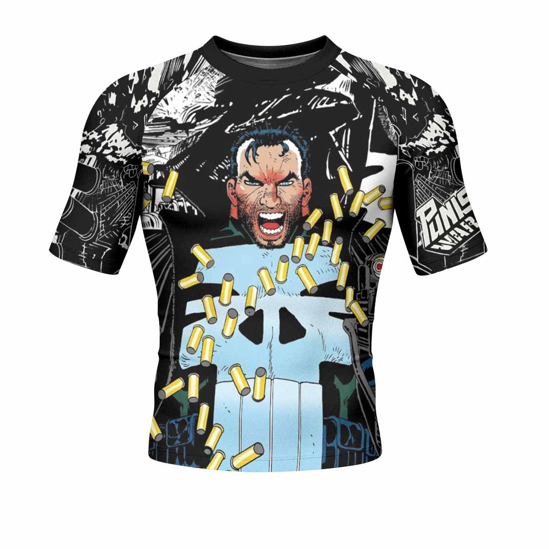 Punisher Bullet Storm Frank Castle Men's Rash Guard Short Sleeve - front and back view