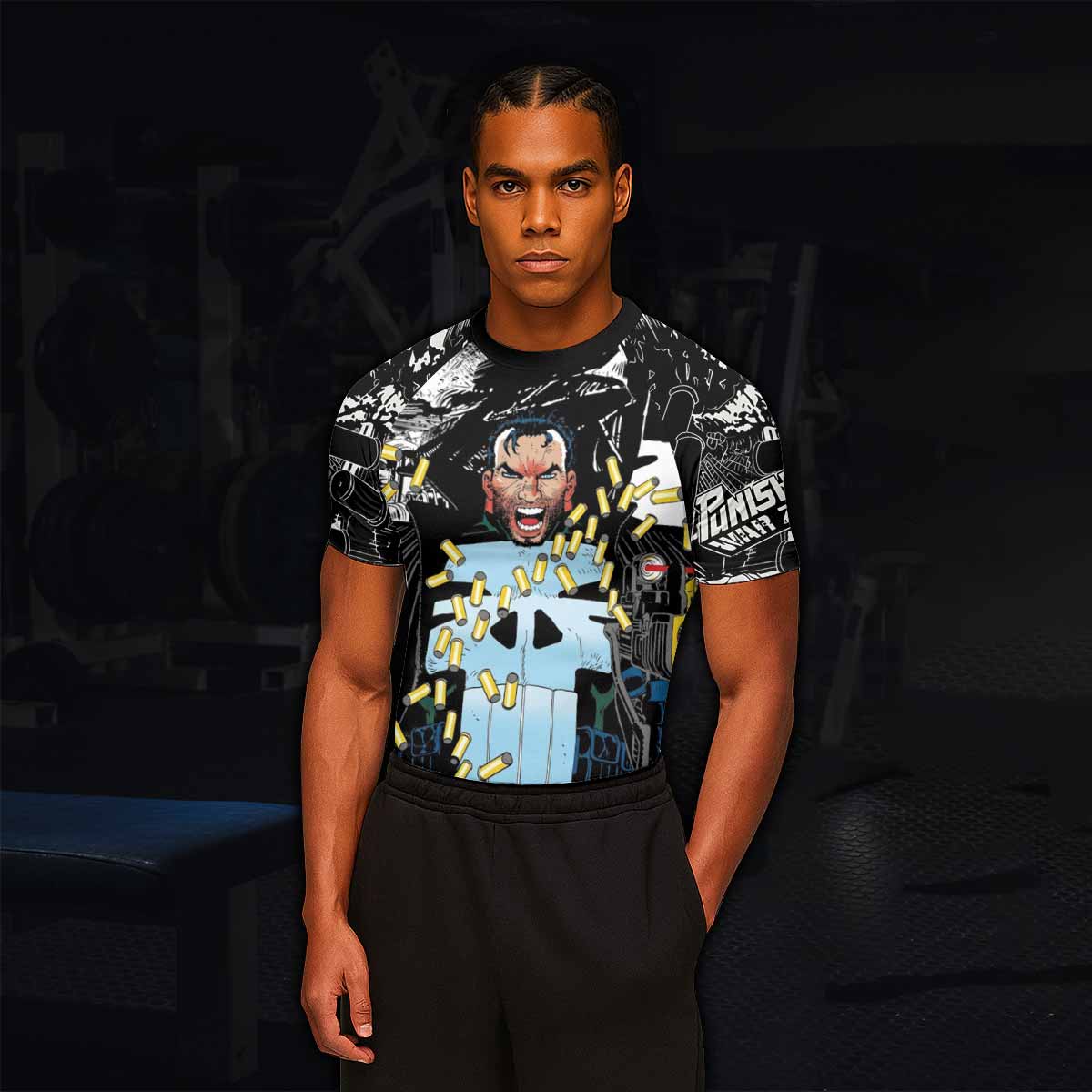 Punisher Bullet Storm Frank Castle Men's Rash Guard Short Sleeve - lifestyle view