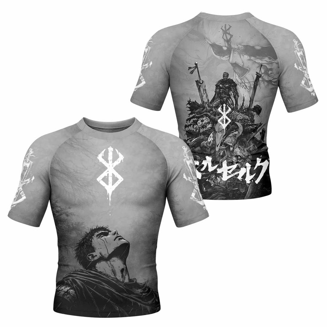 Berserk Guts Sorrow Men's Rash Guard Short Sleeve - front and back view