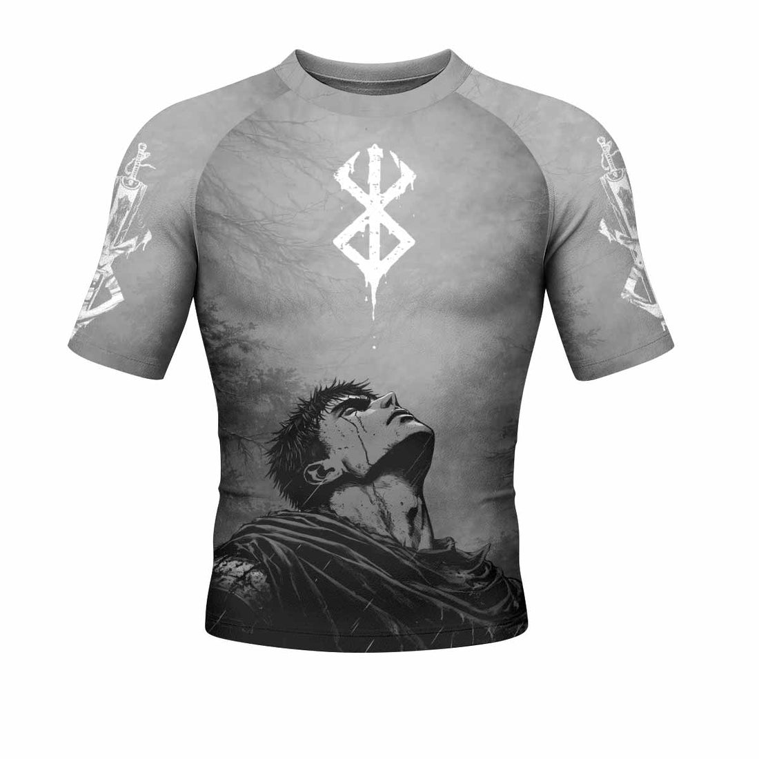 Berserk Guts Sorrow Men's Rash Guard Short Sleeve - front and back view