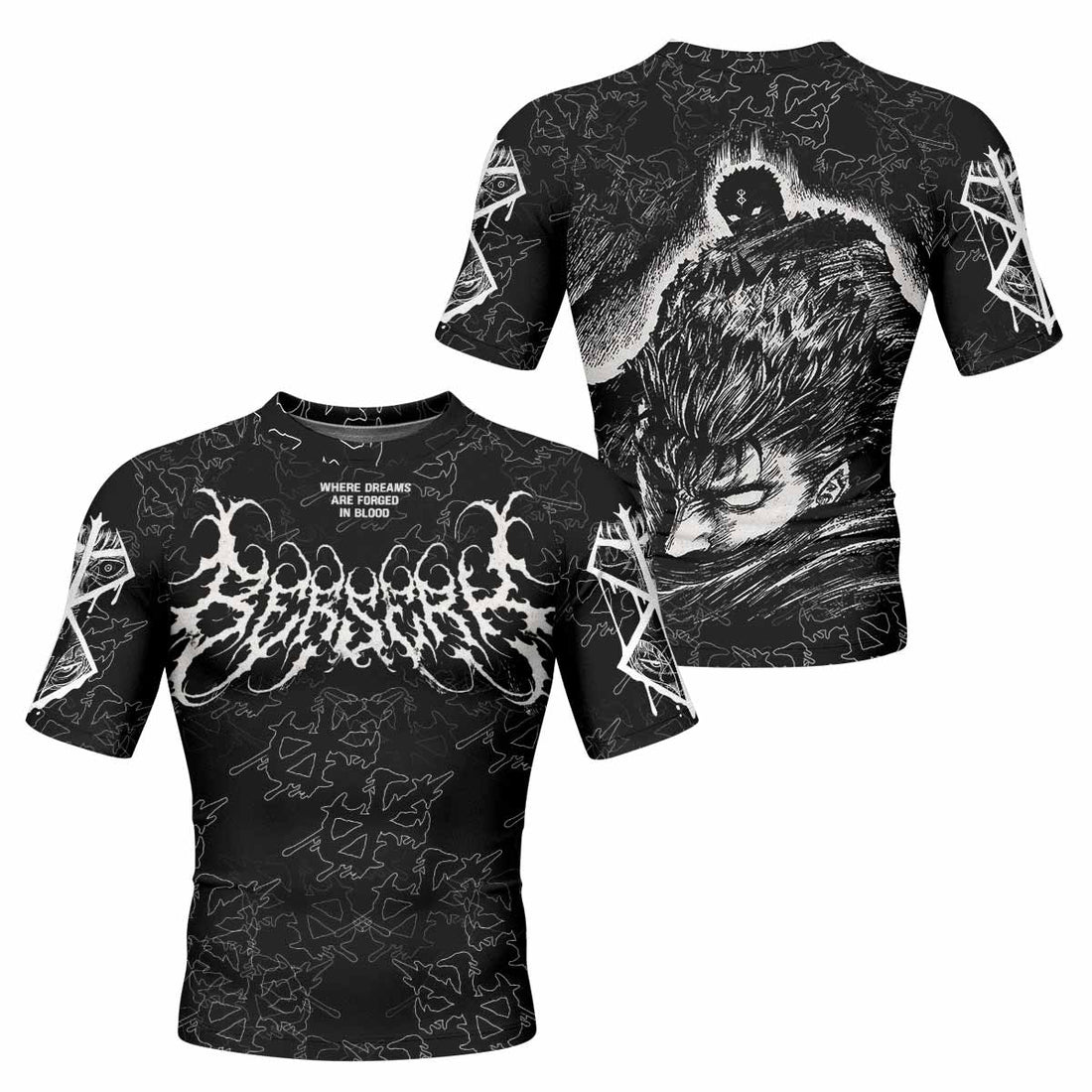 Berserk Forged In Blood Men's Rash Guard Short Sleeve - front and back view