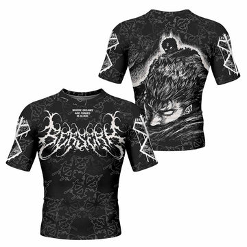 Berserk Forged In Blood Men's Rash Guard Short Sleeve - front and back view