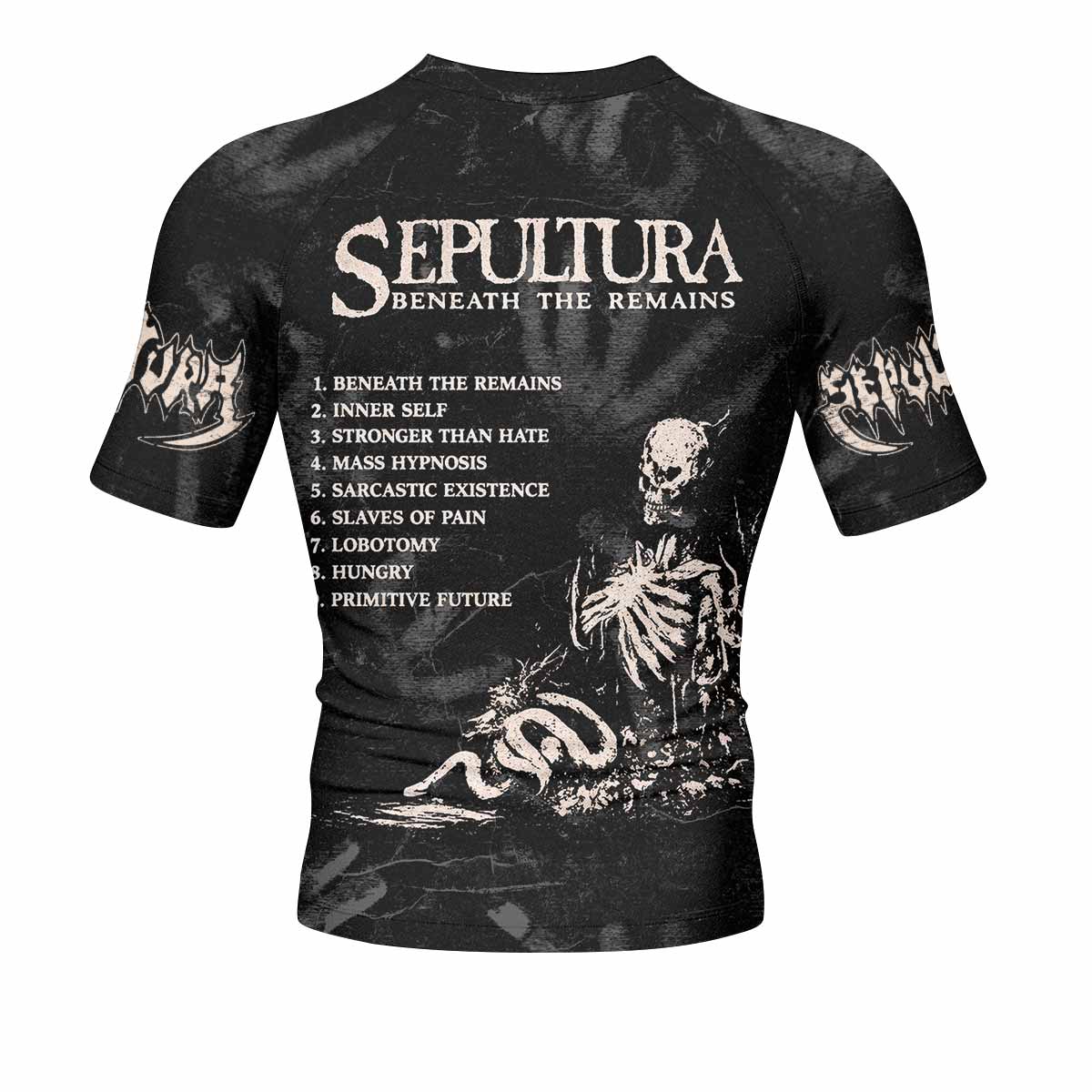 Sepultura Beneath the Remains Men's Rash Guard Short Sleeve - back view mockup