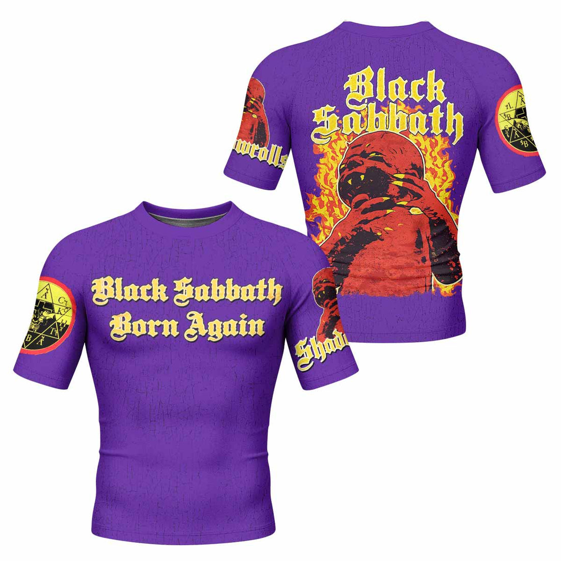Born Again Black Sabbath Men's Rash Guard Short Sleeve - front and back view