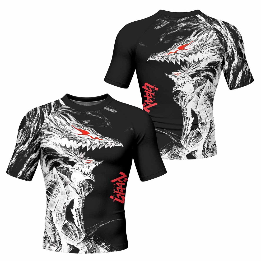 Berserk Guts Berserker Armor Men's Rash Guard Short Sleeve - front and back view