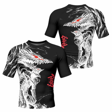 Berserk Guts Berserker Armor Men's Rash Guard Short Sleeve - front and back view