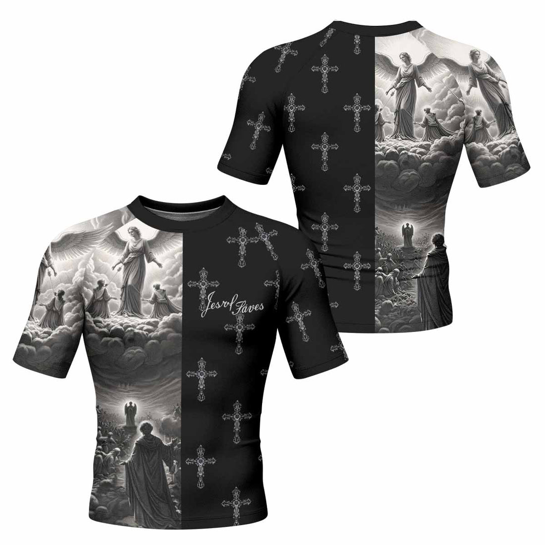 Jesus Saves Angel Ascension Men's Rash Guard Short Sleeve - front and back view