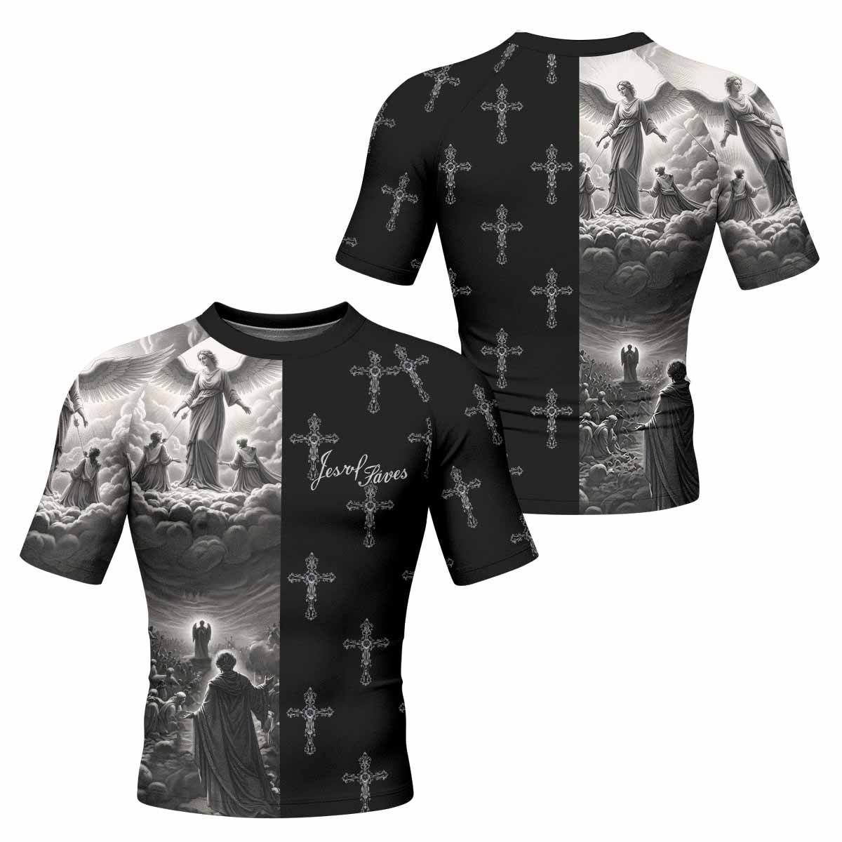 Jesus Saves Angel Ascension Men's Rash Guard Short Sleeve - front and back view