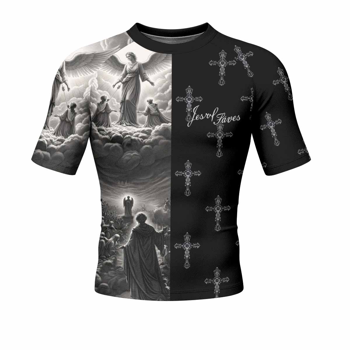 Jesus Saves Angel Ascension Men's Rash Guard Short Sleeve - front view mockup