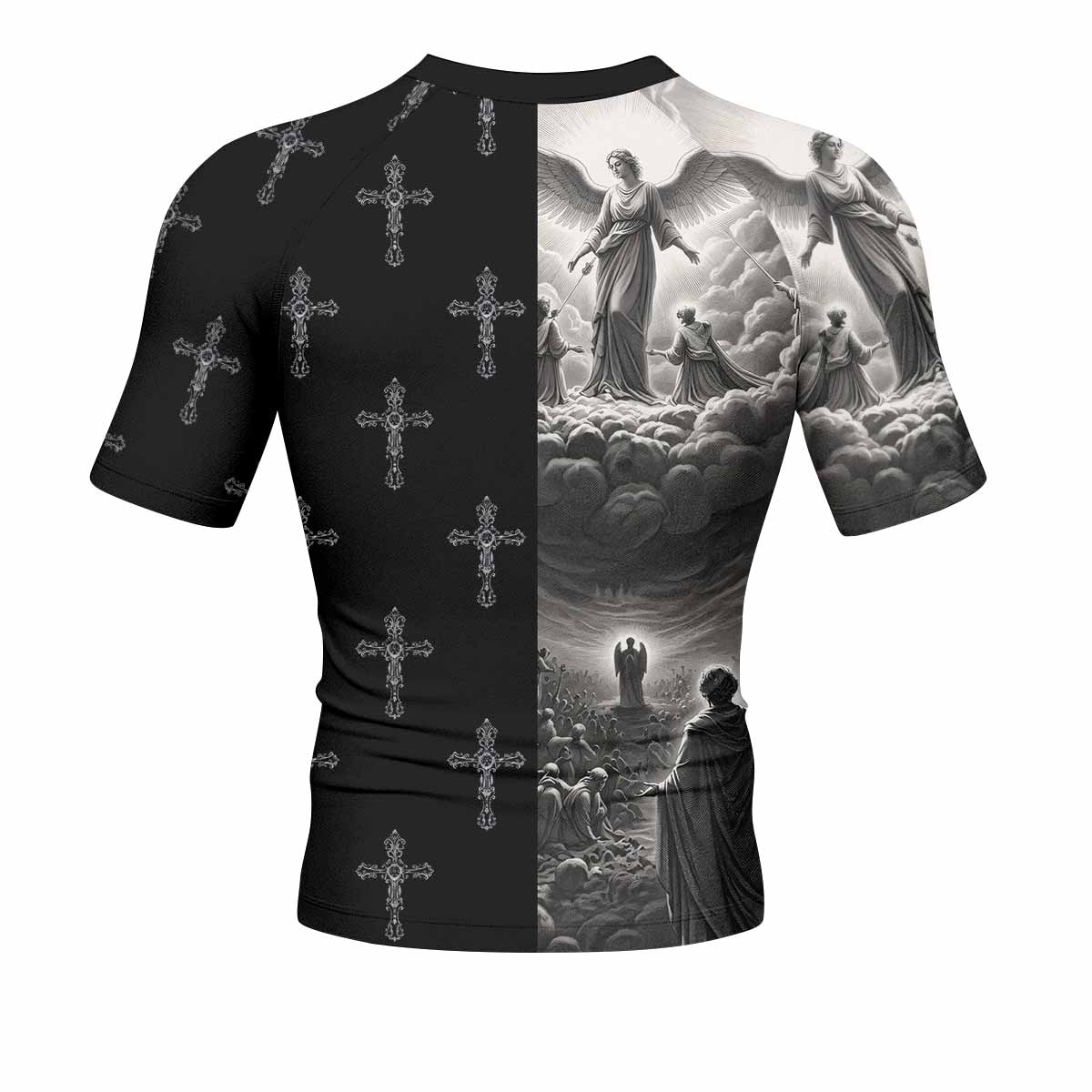 Jesus Saves Angel Ascension Men's Rash Guard Short Sleeve - back view mockup