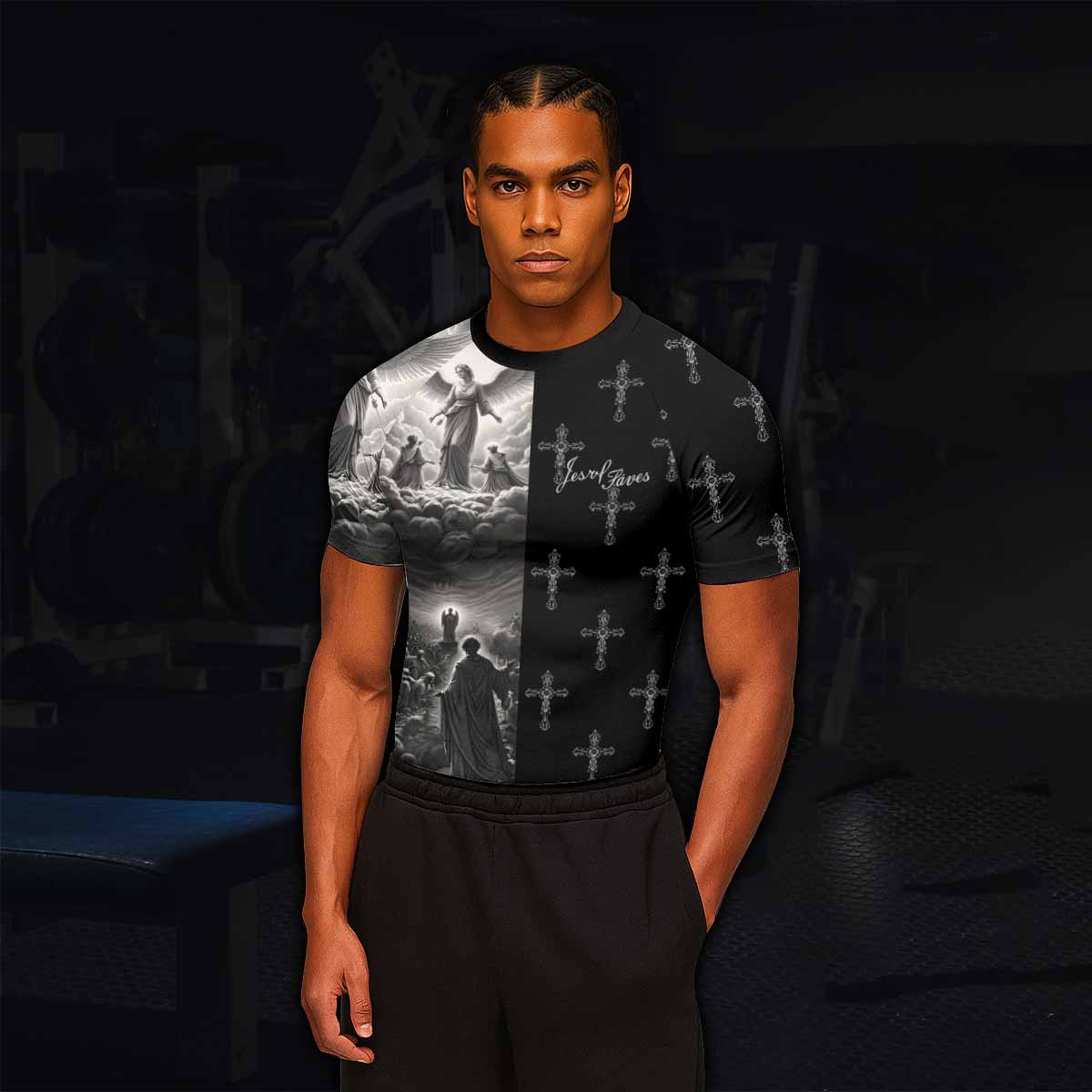 Jesus Saves Angel Ascension Men's Rash Guard Short Sleeve - lifestyle view