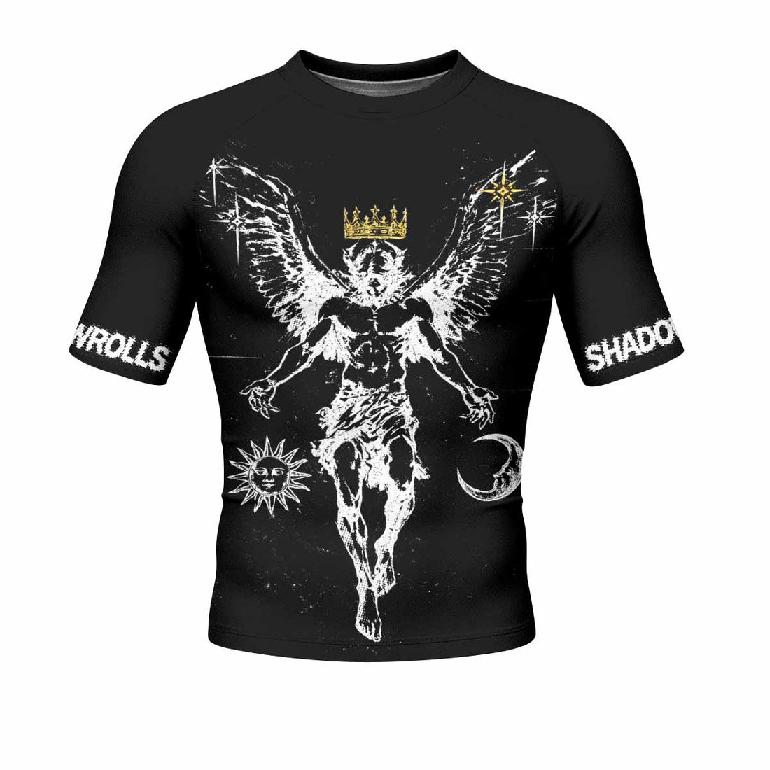 The Messenger Has Arrived Black Men's Rash Guard Short Sleeve - front and back view