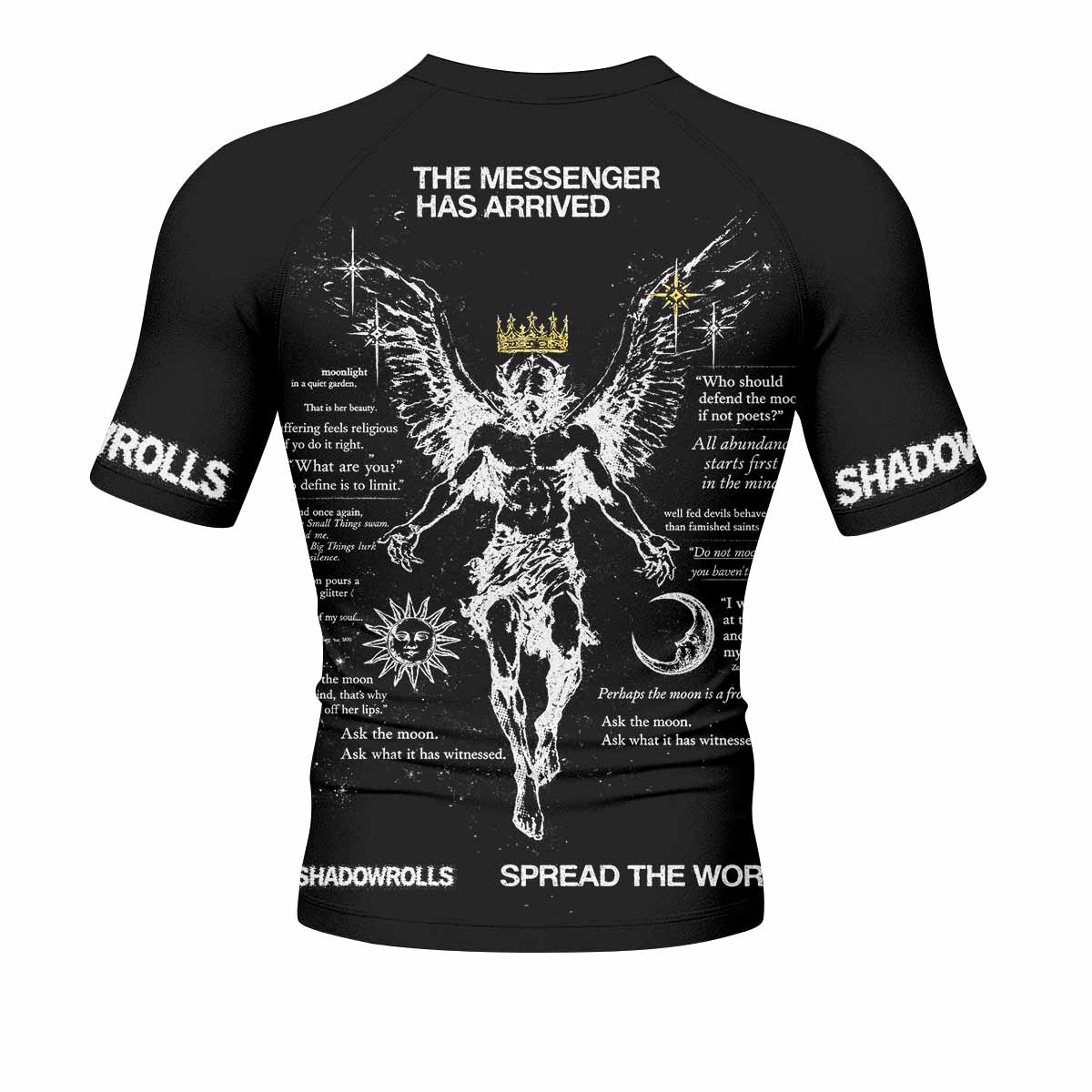 The Messenger Has Arrived Black Men's Rash Guard Short Sleeve - back view mockup