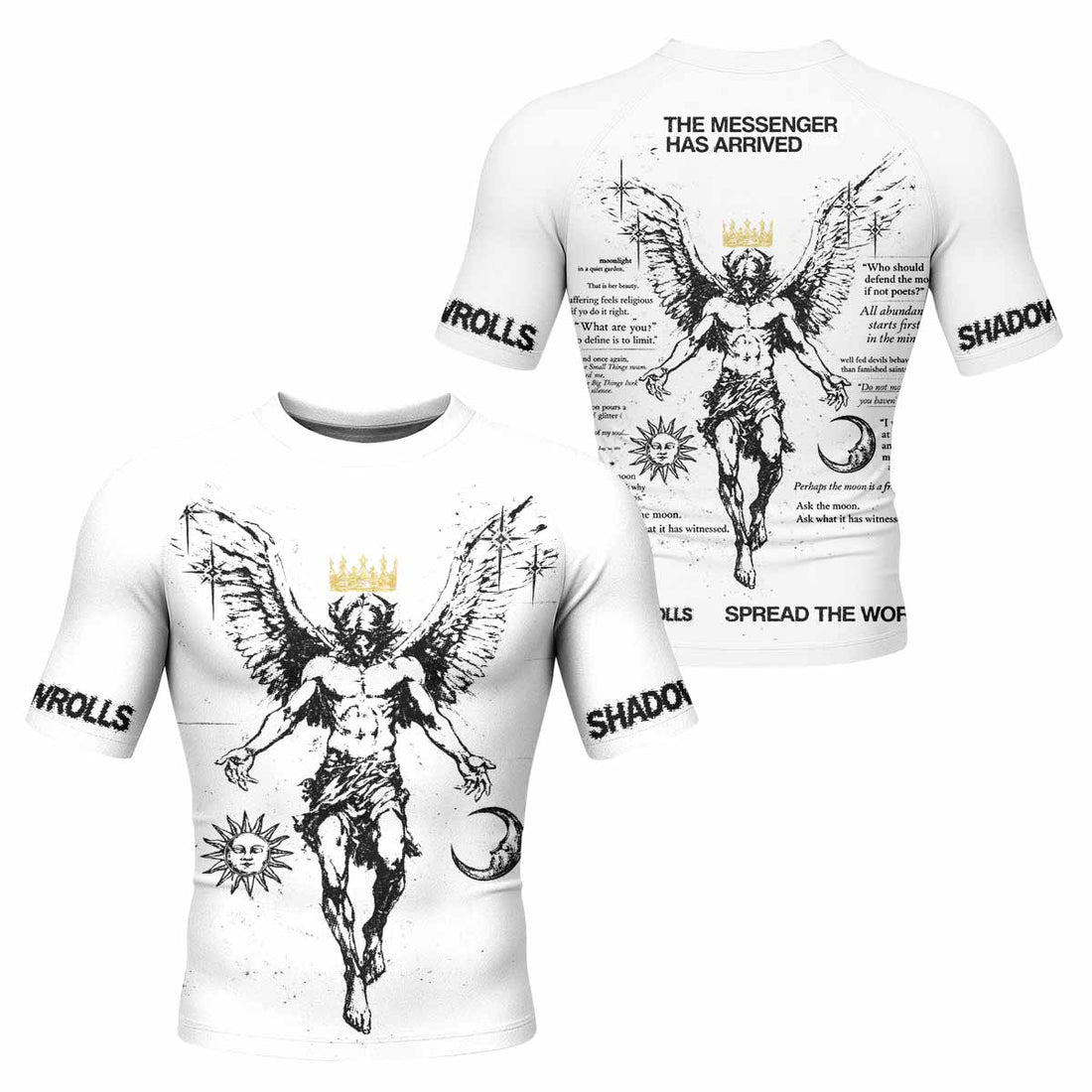 The Messenger Has Arrived White Men's Rash Guard Short Sleeve - front and back view