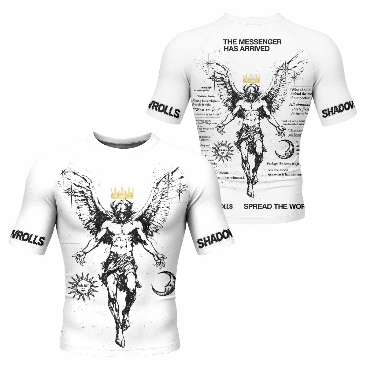 The Messenger Has Arrived White Men's Rash Guard Short Sleeve - front and back view
