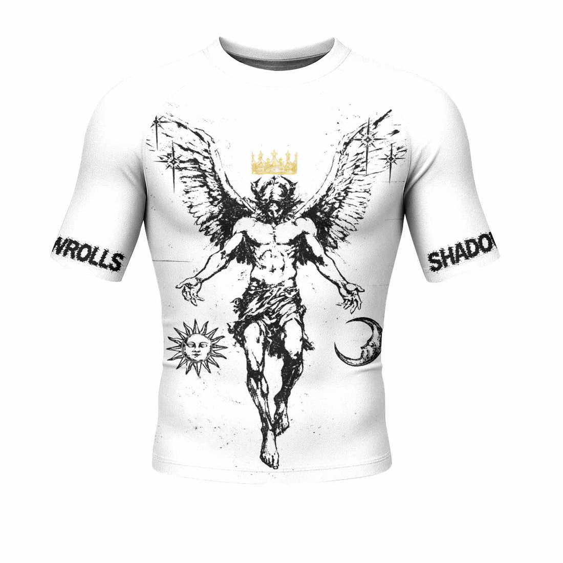 The Messenger Has Arrived White Men's Rash Guard Short Sleeve - front and back view